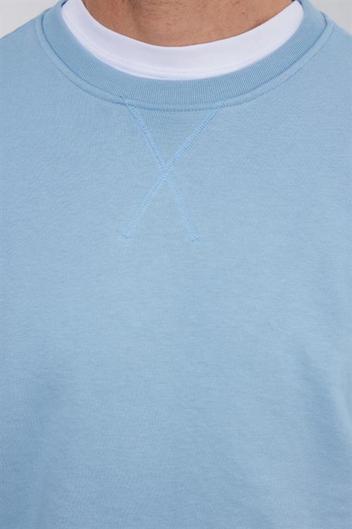 Unisex Relax Fit Rahat Kesim %100 Pamuk 3 İplik Basic Mavi Bisiklet Yaka Sweatshirt