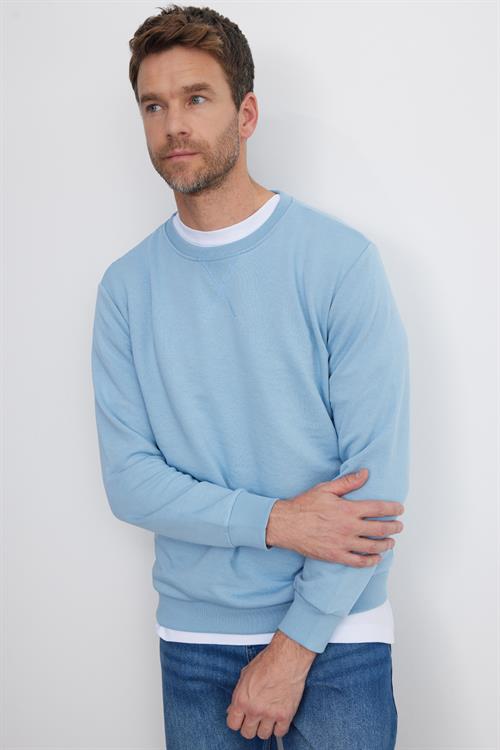 Unisex Relax Fit Rahat Kesim %100 Pamuk 3 İplik Basic Mavi Bisiklet Yaka Sweatshirt