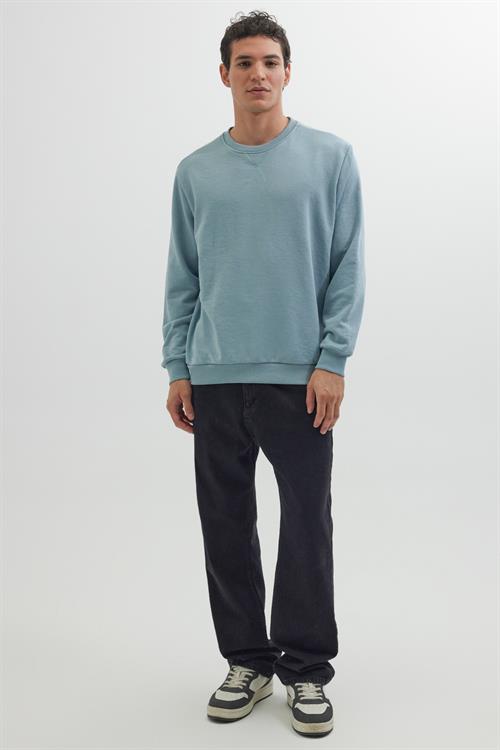 Unisex Relax Fit Rahat Kesim %100 Pamuk 3 İplik Basic Mavi Bisiklet Yaka Sweatshirt