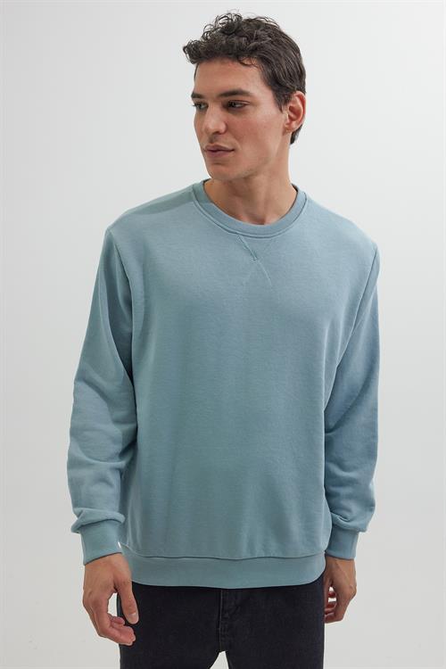 Unisex Relax Fit Rahat Kesim %100 Pamuk 3 İplik Basic Mavi Bisiklet Yaka Sweatshirt