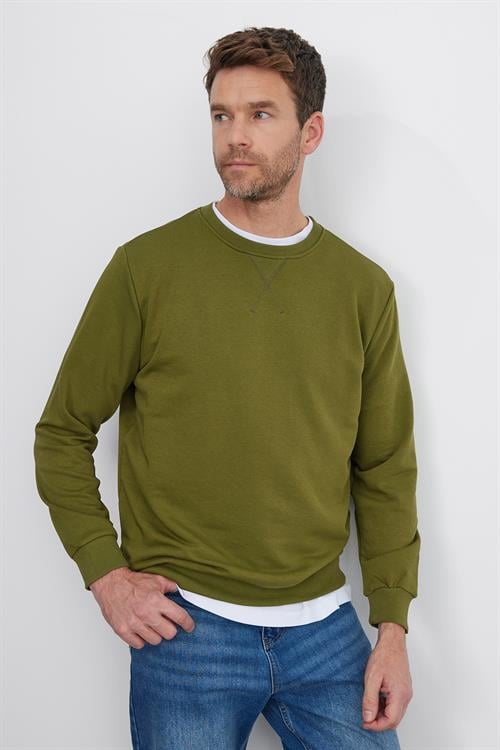 Unisex Relax Fit Rahat Kesim %100 Pamuk 3 İplik Basic Yeşil Bisiklet Yaka Sweatshirt