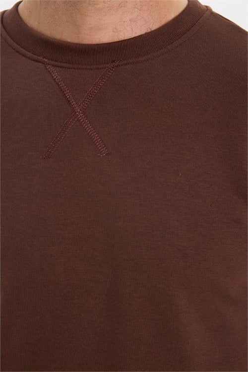 Unisex Relax Fit Rahat Kesim %100 Pamuk 3 İplik Basic Kahverengi Bisiklet Yaka Sweatshirt