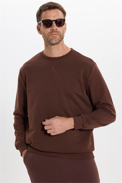 Unisex Relax Fit Rahat Kesim %100 Pamuk 3 İplik Basic Kahverengi Bisiklet Yaka Sweatshirt