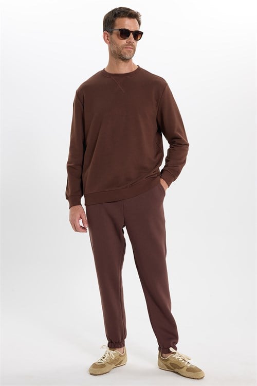 Unisex Relax Fit Rahat Kesim %100 Pamuk 3 İplik Basic Kahverengi Bisiklet Yaka Sweatshirt