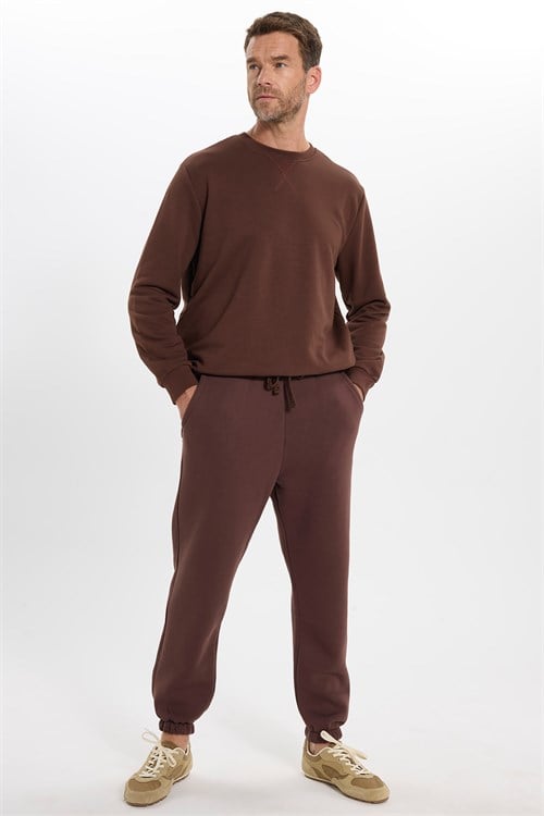 Unisex Relax Fit Rahat Kesim %100 Pamuk 3 İplik Basic Kahverengi Bisiklet Yaka Sweatshirt