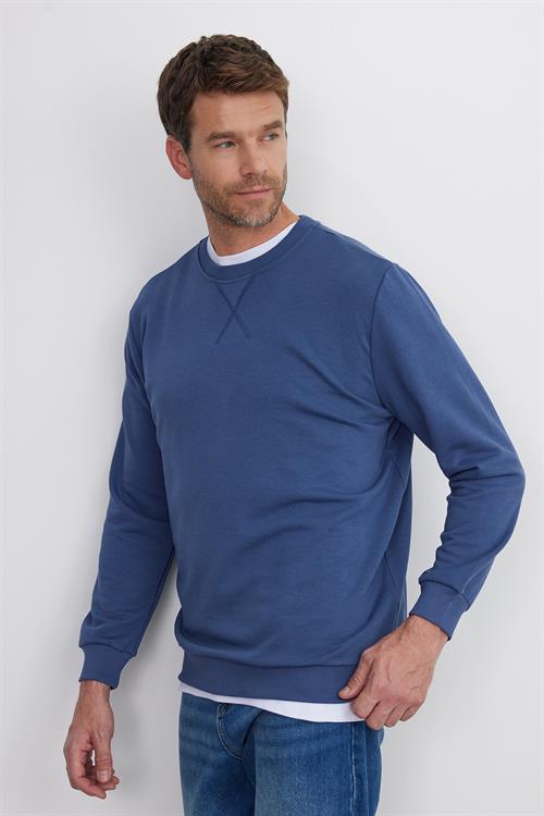 Unisex Relax Fit Rahat Kesim %100 Pamuk 3 İplik Basic İndigo Bisiklet Yaka Sweatshirt