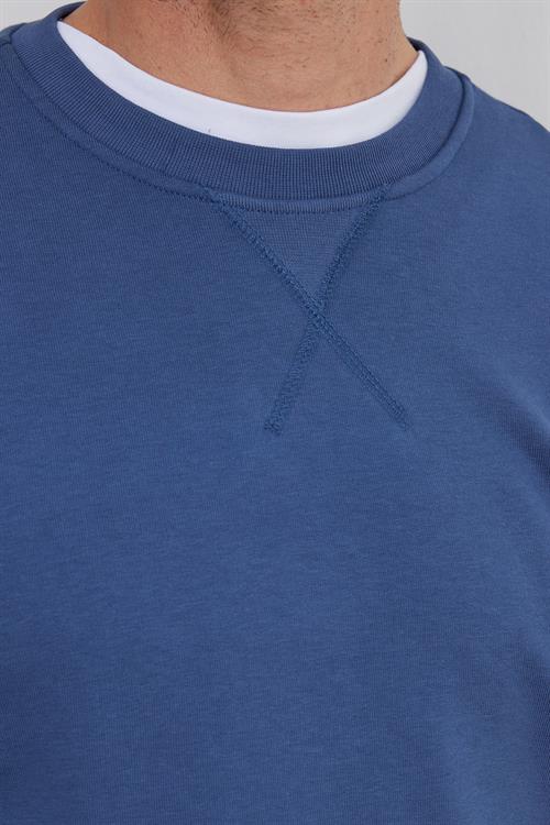 Unisex Relax Fit Rahat Kesim %100 Pamuk 3 İplik Basic İndigo Bisiklet Yaka Sweatshirt