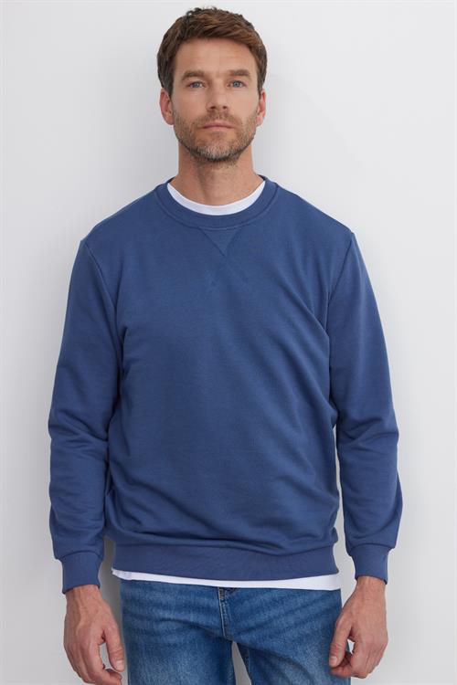 Unisex Relax Fit Rahat Kesim %100 Pamuk 3 İplik Basic İndigo Bisiklet Yaka Sweatshirt