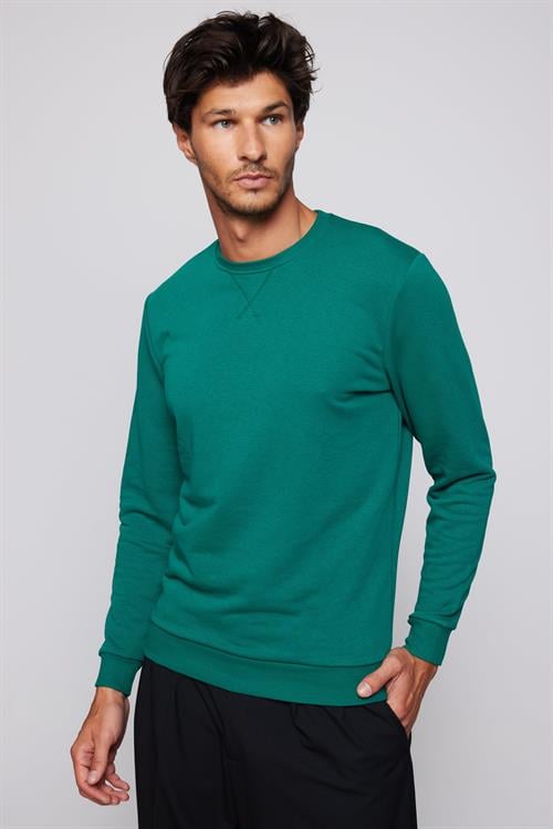 Unisex Relax Fit Rahat Kesim %100 Pamuk 3 İplik Basic Yeşil Bisiklet Yaka Sweatshirt