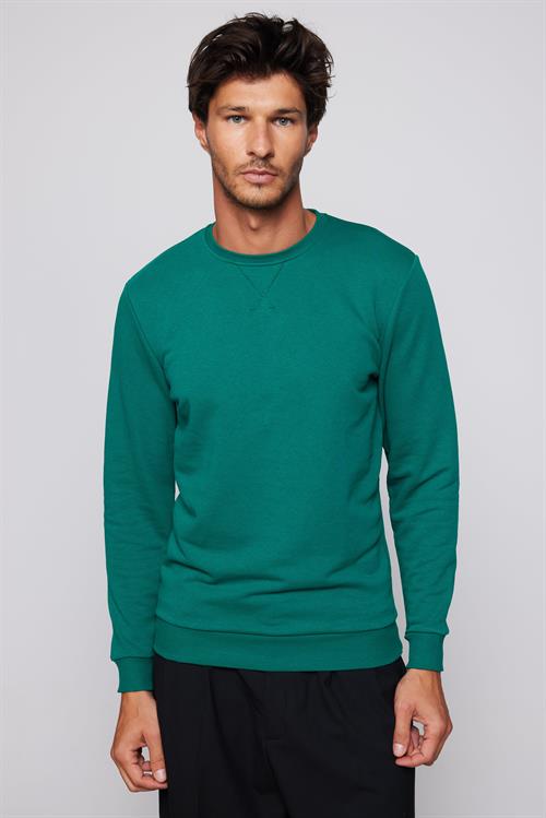 Unisex Relax Fit Rahat Kesim %100 Pamuk 3 İplik Basic Yeşil Bisiklet Yaka Sweatshirt