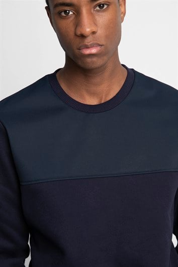 Unisex Oversize Geniş Kesim %100 Pamuk Yumuşak Dokulu İçi Polarlı Önü Parçalı Lacivert Bisiklet Yaka Sweatshirt
