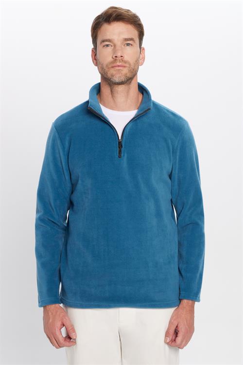Unisex Standart Fit Rahat Kesim Tüylenme Yapmayan Soğuk Geçirmez İndigo Dik Yaka Polar Sweatshirt