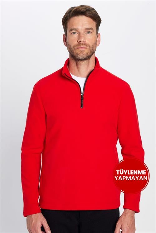 Unisex Standart Fit Anti-pilling Tüylenme Yapmayan Soğuk Geçirmez Kırmızı Dik Yaka Polar Sweatshirt