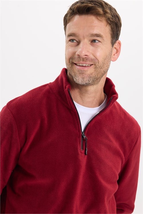 Unisex Standart Fit Tüylenmeye Karşı Dirençli Soğuğa Karşı Dayanıklı Bordo Dik Bato Yaka Polar Sweatshirt