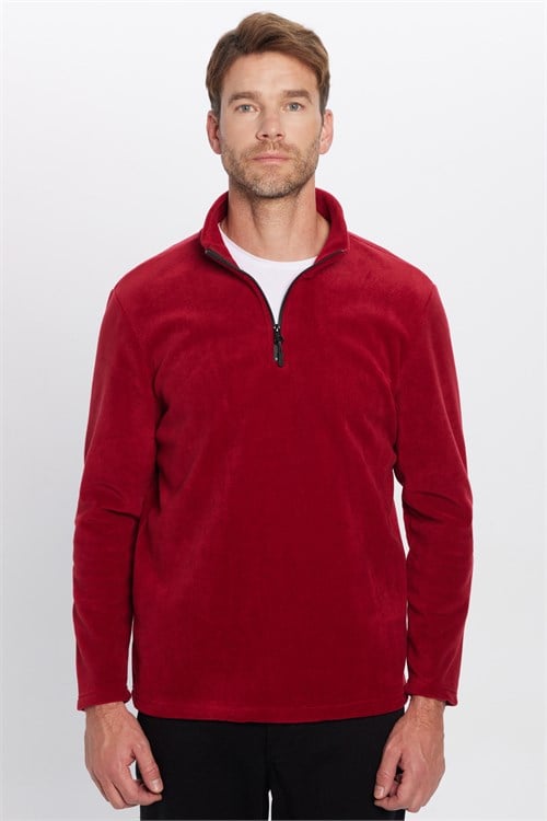 Unisex Standart Fit Tüylenmeye Karşı Dirençli Soğuğa Karşı Dayanıklı Bordo Dik Bato Yaka Polar Sweatshirt