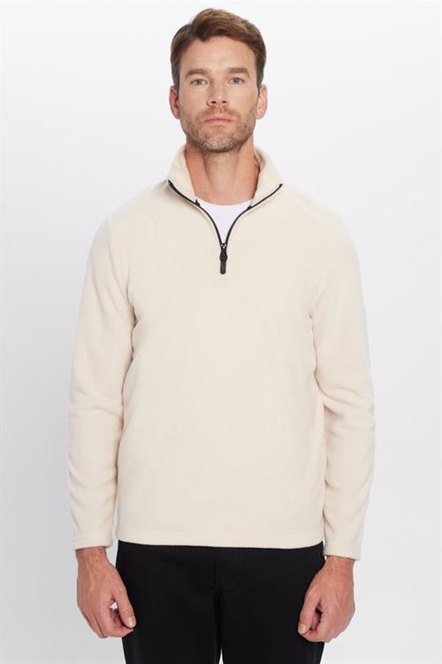 Unisex Standart Fit Anti-pilling Tüylenme Yapmayan Soğuk Geçirmez Bej Bato Yaka Polar Sweatshirt