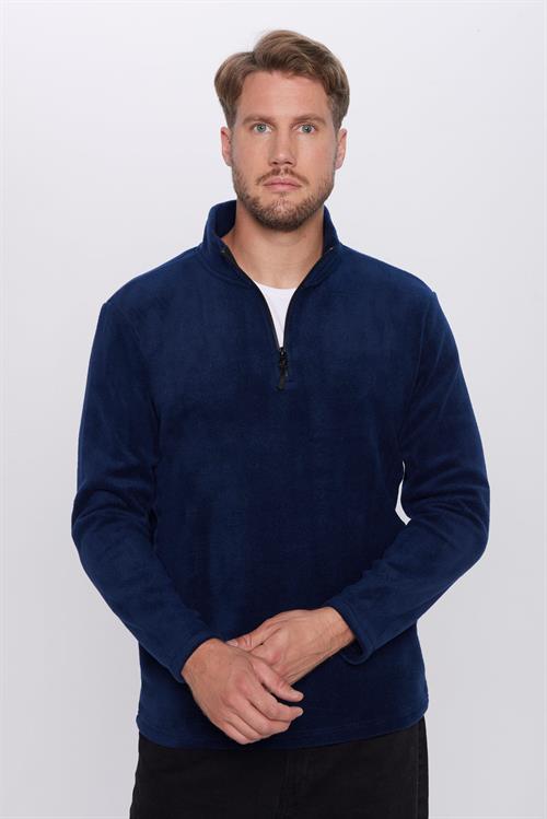 Unisex Standart Fit Rahat Kesim Tüylenme Yapmayan Soğuk Geçirmez Lacivert Dik Yaka Polar Sweatshirt