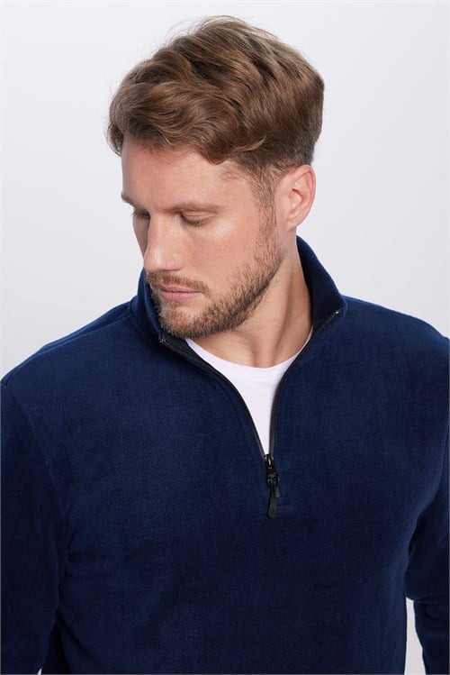 Unisex Standart Fit Rahat Kesim Soğuğa Karşı Dayanıklı Lacivert Dik Yaka Polar Sweatshirt