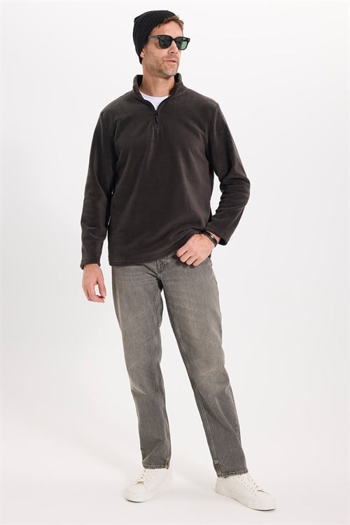 Unisex Standart Fit Tüylenmeye Karşı Dirençli Soğuğa Karşı Dayanıklı Füme Dik Bato Yaka Polar Sweatshirt