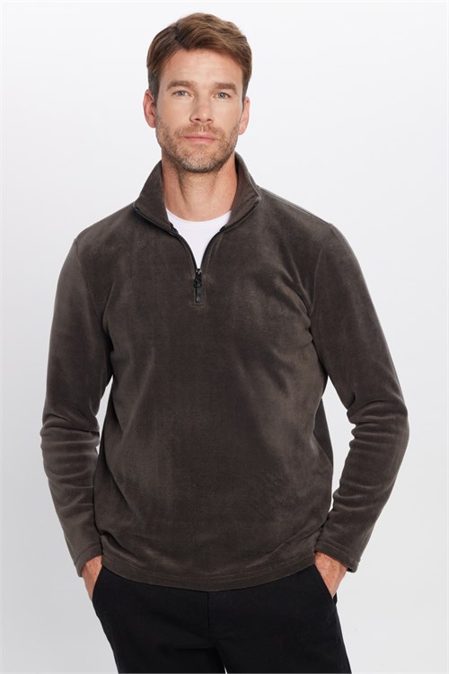 Unisex Standart Fit Tüylenmeye Karşı Dirençli Soğuğa Karşı Dayanıklı Füme Dik Bato Yaka Polar Sweatshirt