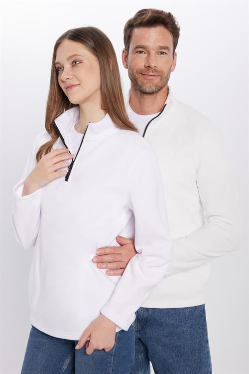 Unisex Standart Fit Anti-pilling Tüylenme Yapmayan Soğuk Geçirmez Ekru Dik Bato Yaka Polar Sweatshirt