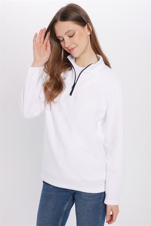 Unisex Standart Fit Anti-pilling Tüylenme Yapmayan Soğuk Geçirmez Ekru Dik Bato Yaka Polar Sweatshirt