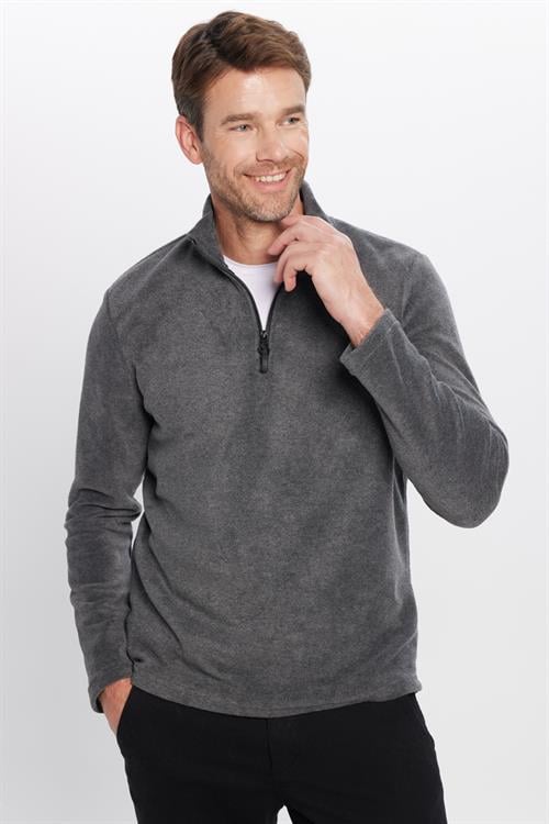 Unisex Standart Fit Tüylenmeye Karşı Dirençli Soğuğa Karşı Dayanıklı Antrasit Bato Yaka Polar Sweatshirt