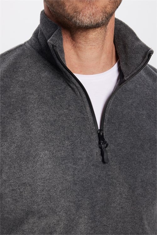 Unisex Standart Fit Tüylenmeye Karşı Dirençli Soğuğa Karşı Dayanıklı Antrasit Bato Yaka Polar Sweatshirt