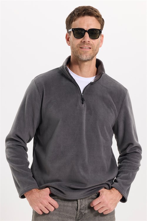 Unisex Standart Fit Tüylenmeye Karşı Dirençli Soğuğa Karşı Dayanıklı Antrasit Bato Yaka Polar Sweatshirt