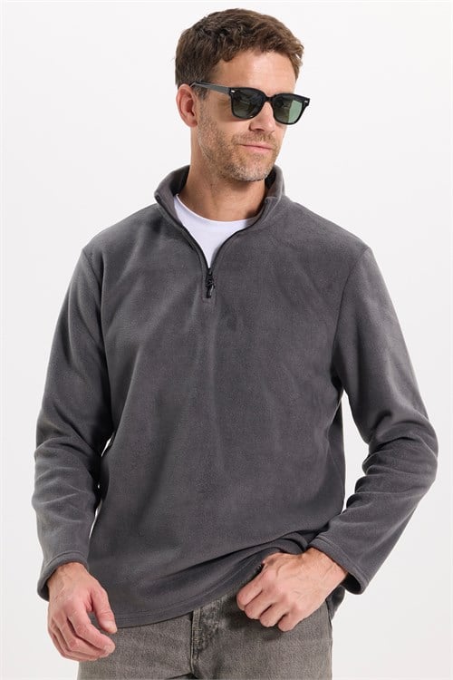 Unisex Standart Fit Tüylenmeye Karşı Dirençli Soğuğa Karşı Dayanıklı Antrasit Bato Yaka Polar Sweatshirt
