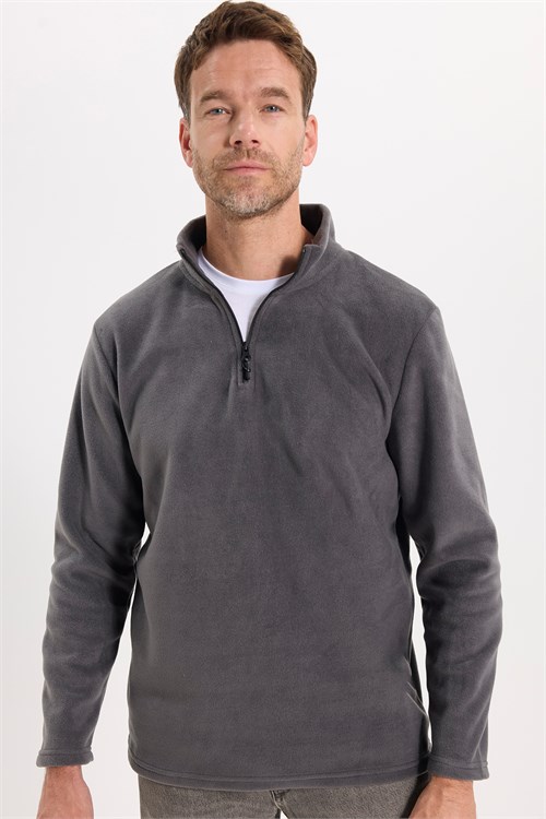 Unisex Standart Fit Tüylenmeye Karşı Dirençli Soğuğa Karşı Dayanıklı Antrasit Bato Yaka Polar Sweatshirt