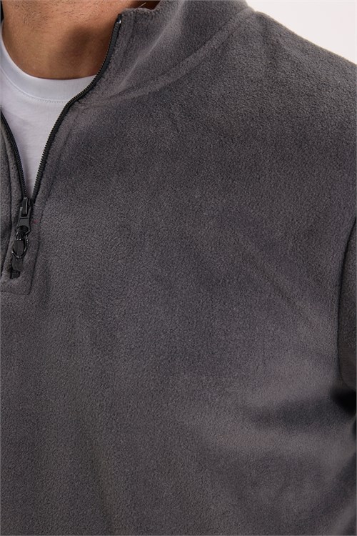 Unisex Standart Fit Tüylenmeye Karşı Dirençli Soğuğa Karşı Dayanıklı Antrasit Bato Yaka Polar Sweatshirt