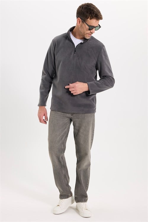 Unisex Standart Fit Tüylenmeye Karşı Dirençli Soğuğa Karşı Dayanıklı Antrasit Bato Yaka Polar Sweatshirt