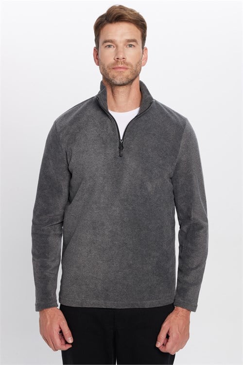 Unisex Standart Fit Tüylenmeye Karşı Dirençli Soğuğa Karşı Dayanıklı Antrasit Bato Yaka Polar Sweatshirt