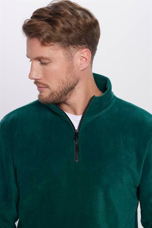 Unisex Standart Fit Rahat Kesim Tüylenme Yapmayan Soğuk Geçirmez Yeşil Dik Yaka Polar Sweatshirt