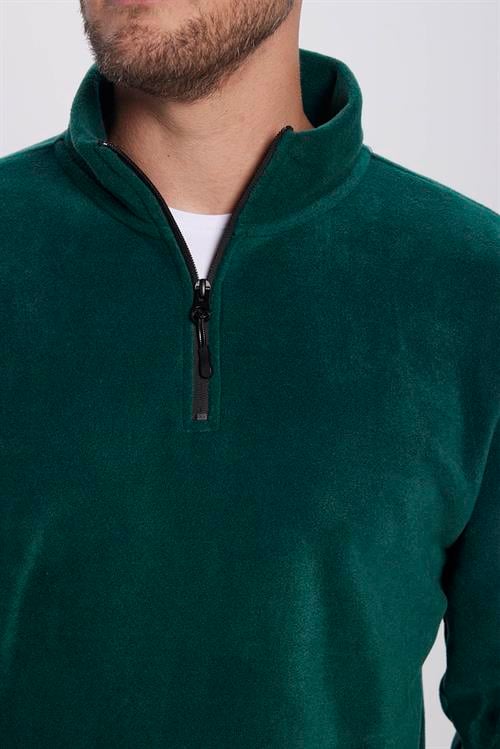 Unisex Standart Fit Rahat Kesim Tüylenme Yapmayan Soğuk Geçirmez Yeşil Dik Yaka Polar Sweatshirt