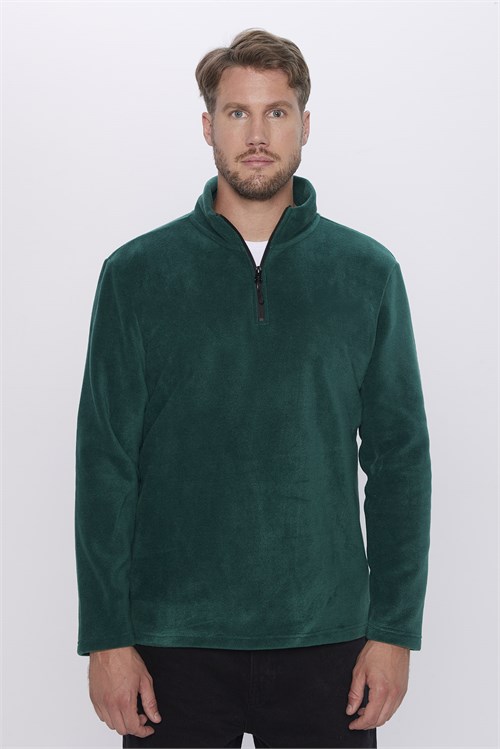 Unisex Standart Fit Rahat Kesim Soğuğa Karşı Dayanıklı Yeşil Dik Yaka Polar Sweatshirt
