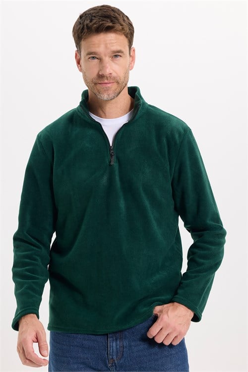 Unisex Standart Fit Rahat Kesim Soğuğa Karşı Dayanıklı Yeşil Dik Yaka Polar Sweatshirt