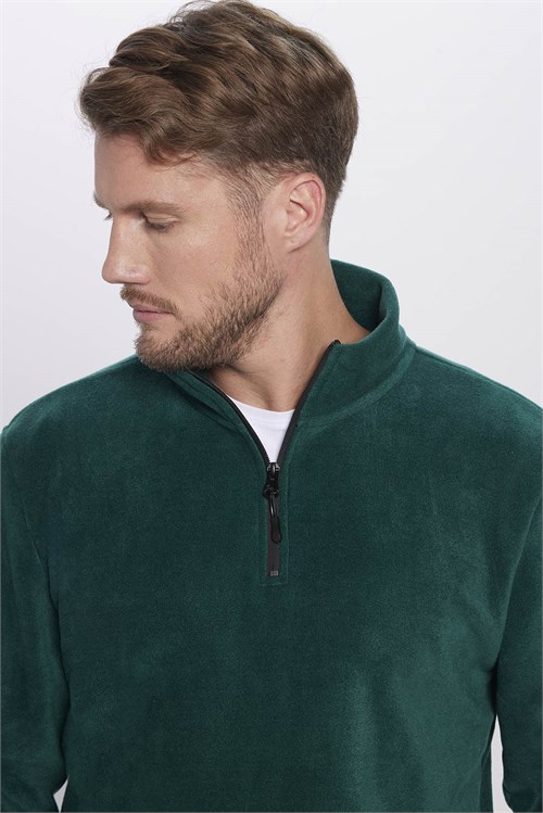 Unisex Standart Fit Rahat Kesim Soğuğa Karşı Dayanıklı Yeşil Dik Yaka Polar Sweatshirt