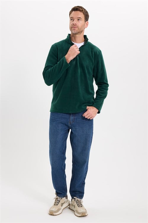 Unisex Standart Fit Rahat Kesim Soğuğa Karşı Dayanıklı Yeşil Dik Yaka Polar Sweatshirt