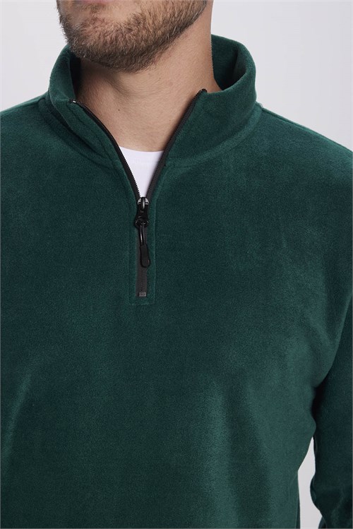 Unisex Standart Fit Rahat Kesim Soğuğa Karşı Dayanıklı Yeşil Dik Yaka Polar Sweatshirt