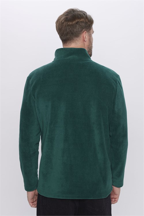 Unisex Standart Fit Rahat Kesim Soğuğa Karşı Dayanıklı Yeşil Dik Yaka Polar Sweatshirt