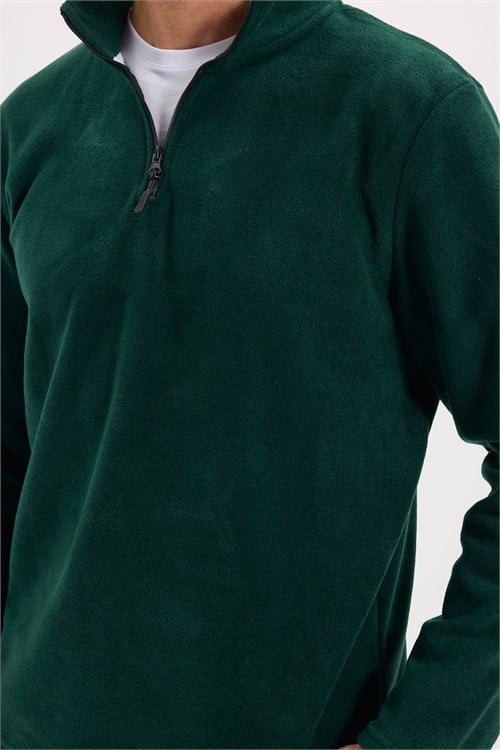 Unisex Standart Fit Rahat Kesim Soğuğa Karşı Dayanıklı Yeşil Dik Yaka Polar Sweatshirt