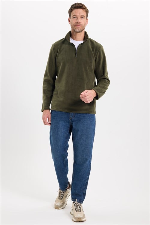 Unisex Standart Fit Rahat Kesim Soğuğa Karşı Dayanıklı Koyu Haki Dik Yaka Polar Sweatshirt