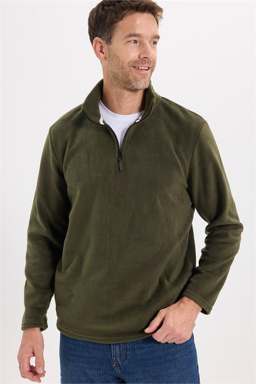 Unisex Standart Fit Rahat Kesim Soğuğa Karşı Dayanıklı Koyu Haki Dik Yaka Polar Sweatshirt