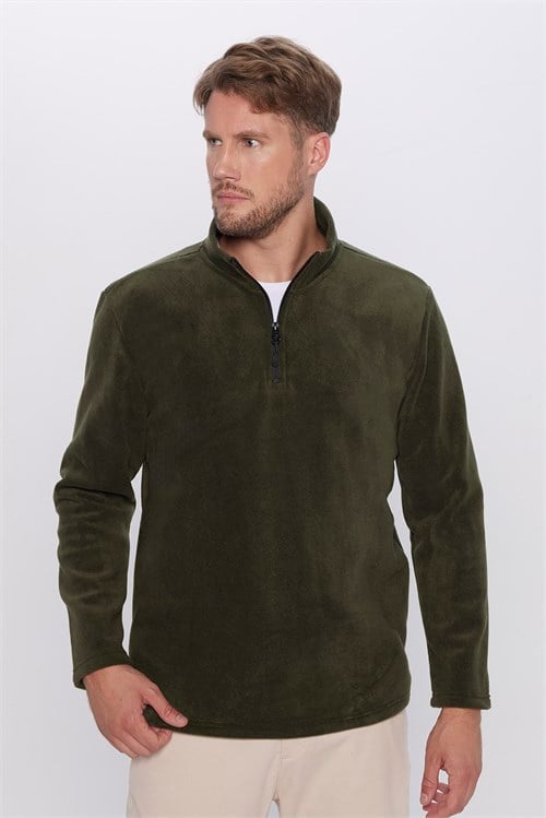 Unisex Standart Fit Rahat Kesim Soğuğa Karşı Dayanıklı Koyu Haki Dik Yaka Polar Sweatshirt