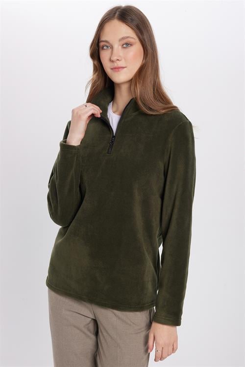 Unisex Standart Fit Rahat Kesim Tüylenme Yapmayan Soğuk Geçirmez Koyu Haki Dik Yaka Polar Sweatshirt