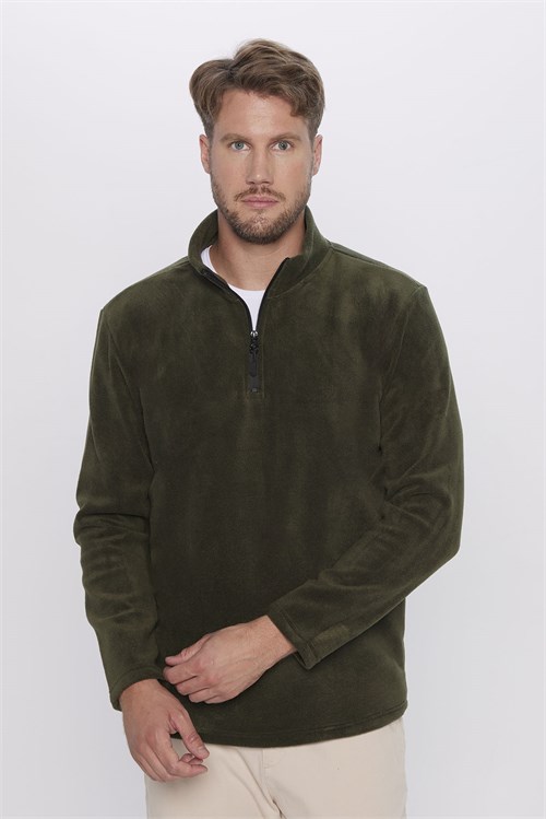 Unisex Standart Fit Rahat Kesim Soğuğa Karşı Dayanıklı Koyu Haki Dik Yaka Polar Sweatshirt