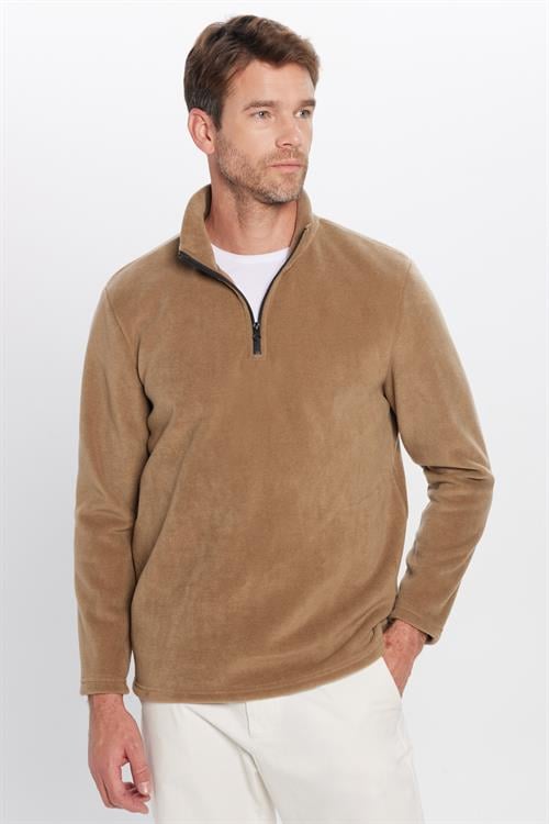 Unisex Standart Fit Anti-pilling Tüylenme Yapmayan Soğuk Geçirmez Haki Bato Yaka Polar Sweatshirt