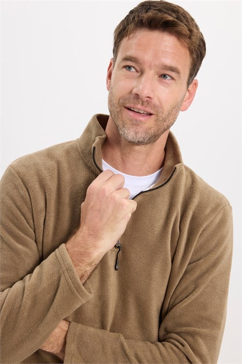 Unisex Standart Fit Tüylenmeye Karşı Dirençli Soğuğa Karşı Dayanıklı Haki Bato Yaka Polar Sweatshirt